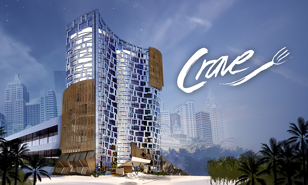 Exterior rendering of a contemporary hotel with a logo that says Crave