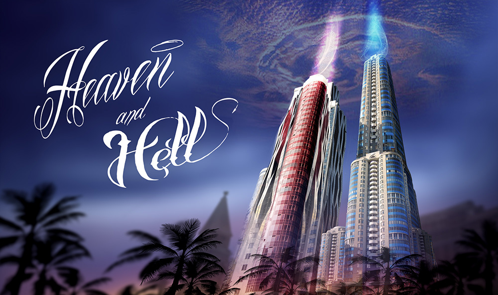 Exterior rendering of two large sky scrapers alternately colored red and blue with a logo that says Heaven and Hell