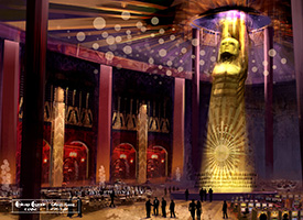 Digital concept rendering of casino floor with massive golden art deco statue in the center