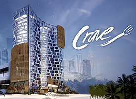 Exterior rendering of a contemporary hotel with a logo that says Crave