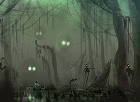 Digital rendering of a figure in a creepy swamp