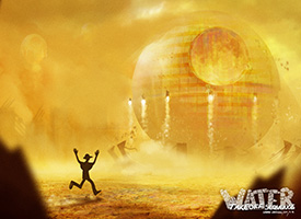 Digital rendering of a silhouetted figure running towards a large circular spaceship that is blasting off